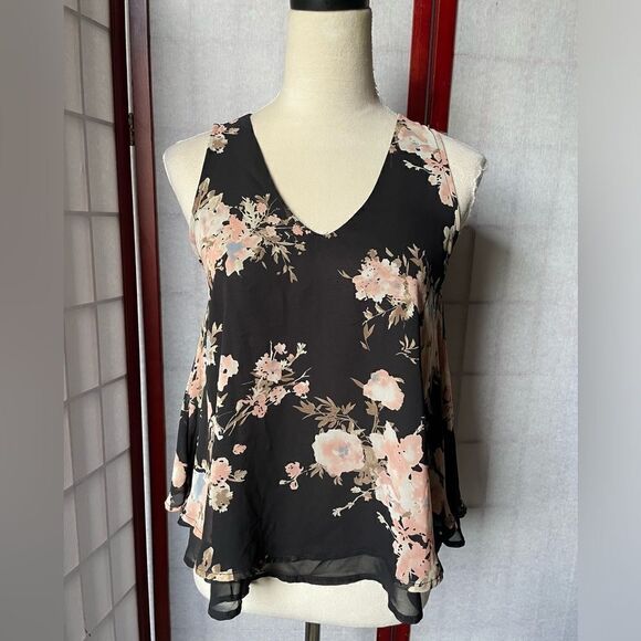 Sienna Sky Black Layered Chiffon Sleeveless Blouse w/Floral Print (Size: XS) - Picture 3 of 8